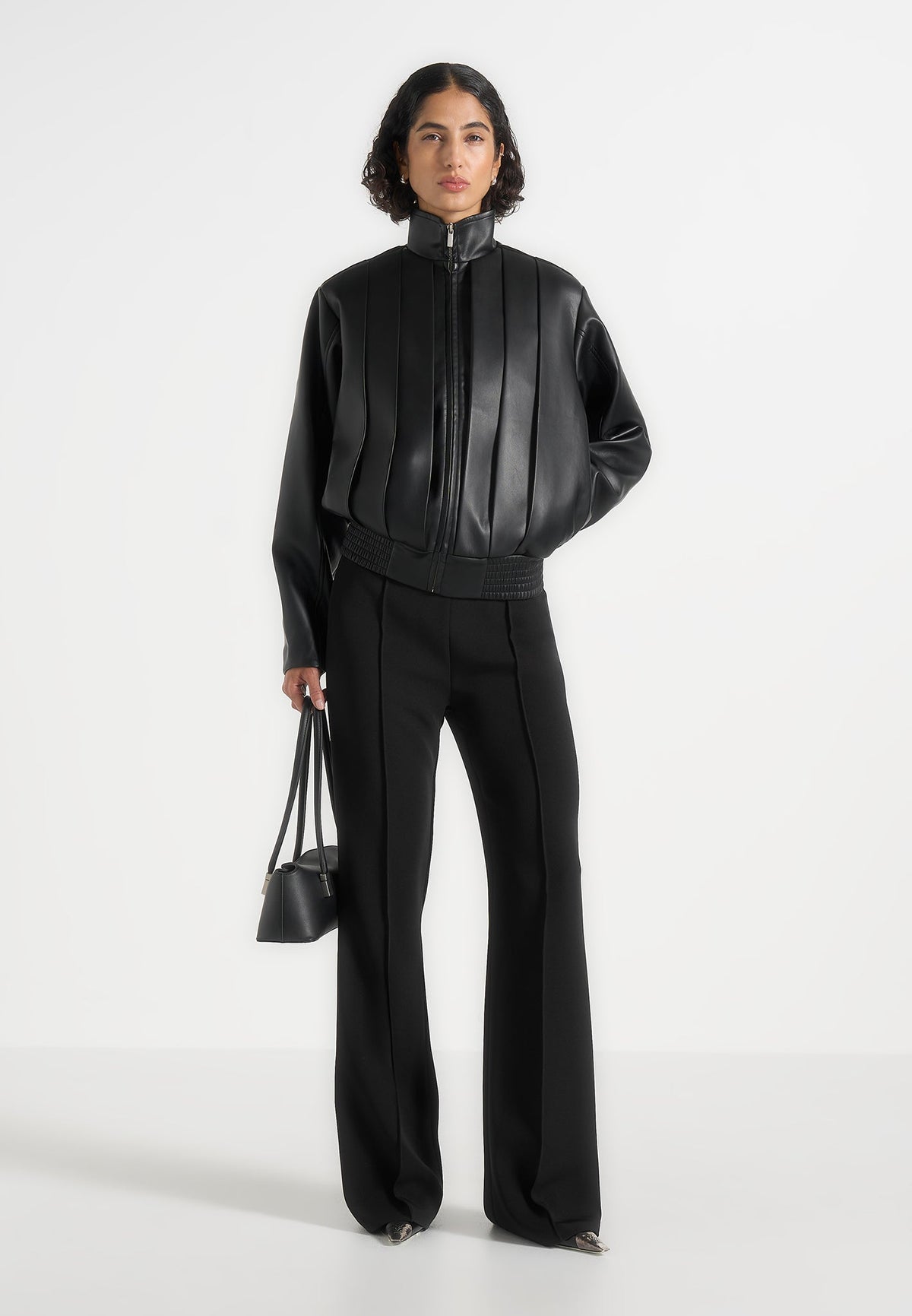 Piper - Oversized Pleated Leather Bomber Jacket - Black