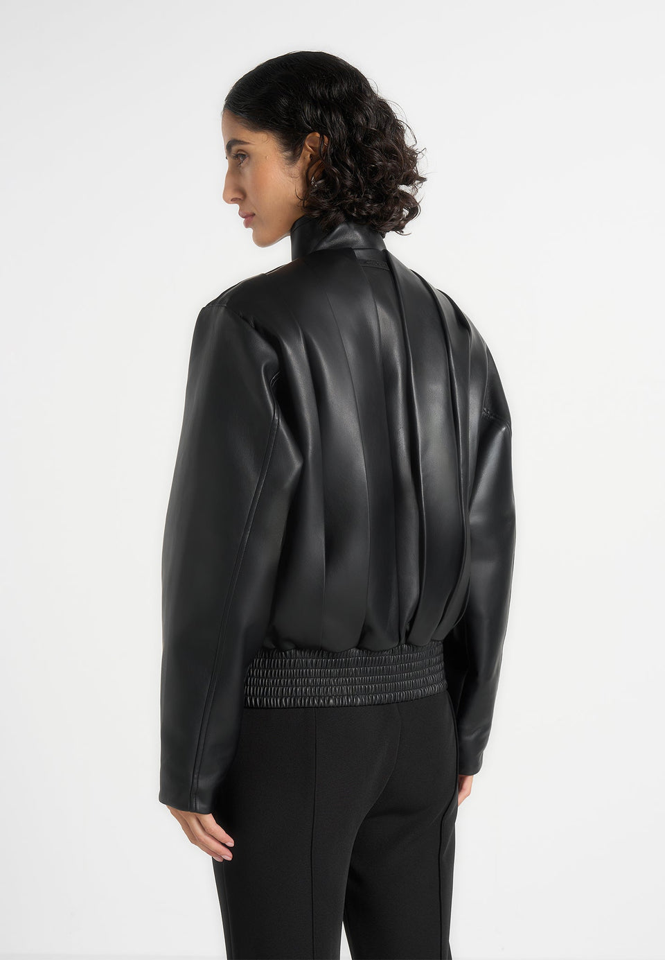 Piper - Oversized Pleated Leather Bomber Jacket - Black