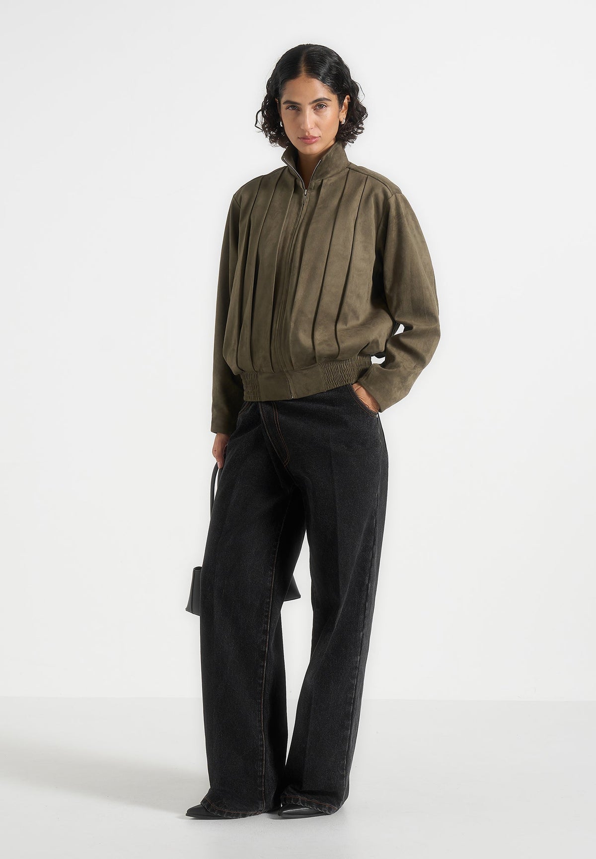 Kirsty - Oversized Pleated Suede Bomber Jacket - Dark Sage