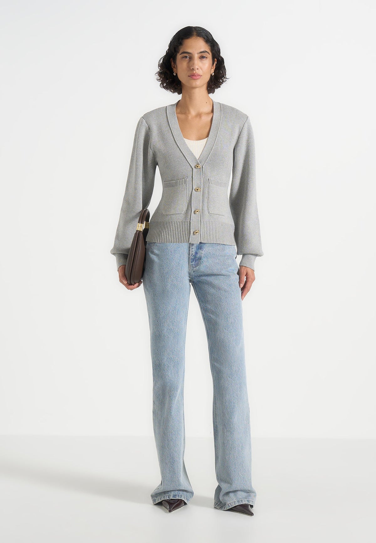 Tessa - Cinched Waist Cotton Cardigan - Grey