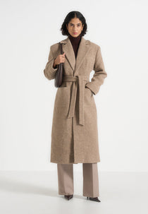 Jena - Wide Shoulder Wool Coat with Cinch Belt - Taupe