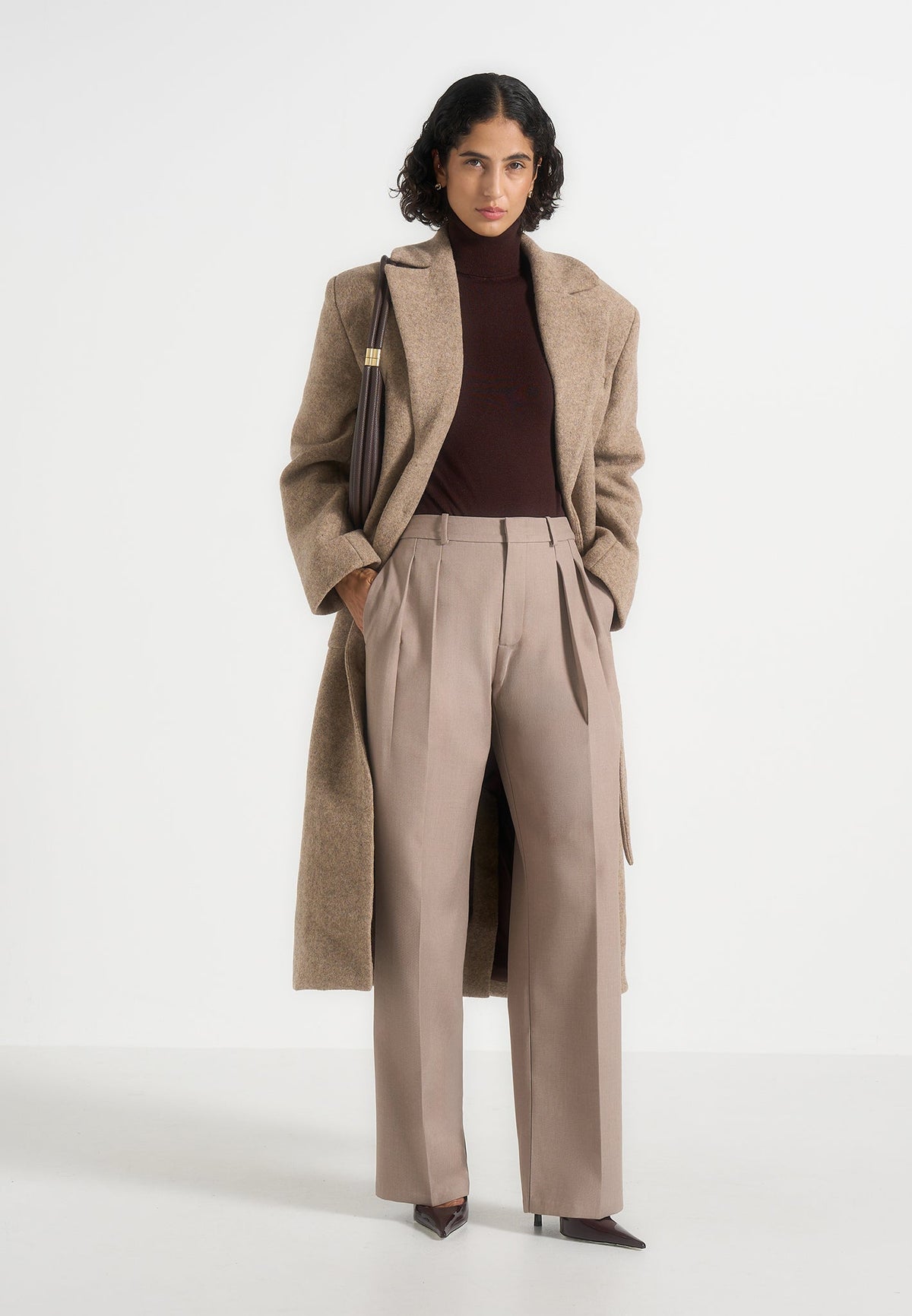 Jena - Wide Shoulder Wool Coat with Cinch Belt - Taupe
