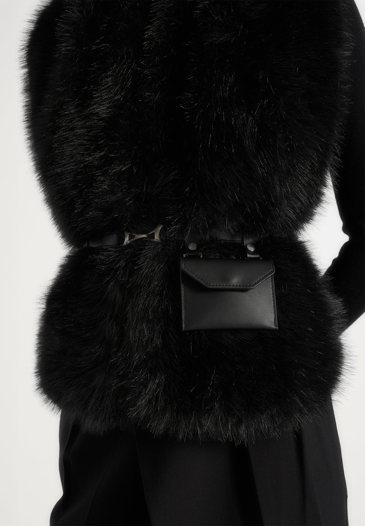 Greta - Belted Fur Wrap Jacket With Pouch - Black
