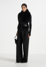 Greta - Belted Fur Wrap Jacket With Pouch - Black