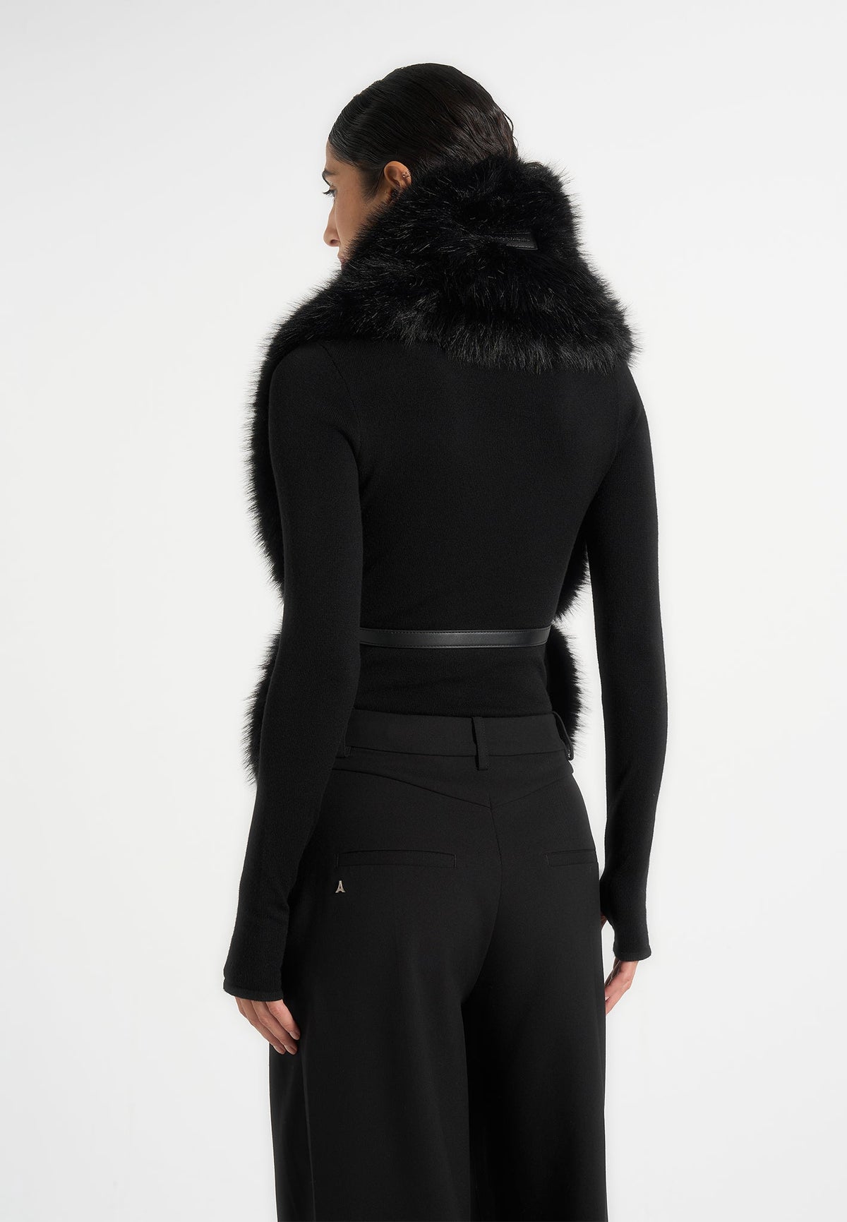Greta - Belted Fur Wrap Jacket With Pouch - Black