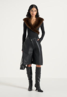 Libby - Fur Collar Long Sleeve Bodysuit - Black / Brown