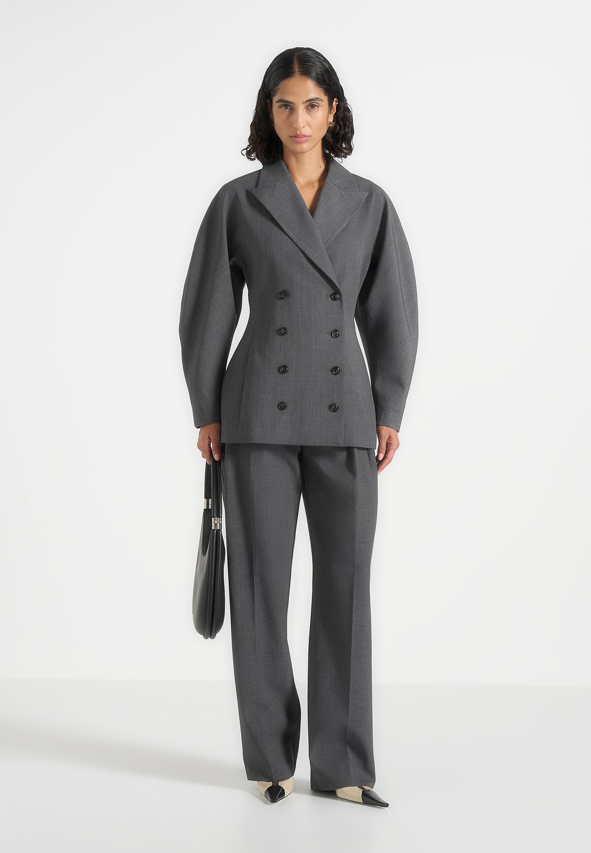 Greer - Wool-Blend Balloon Sleeve Double Breasted Blazer - Grey