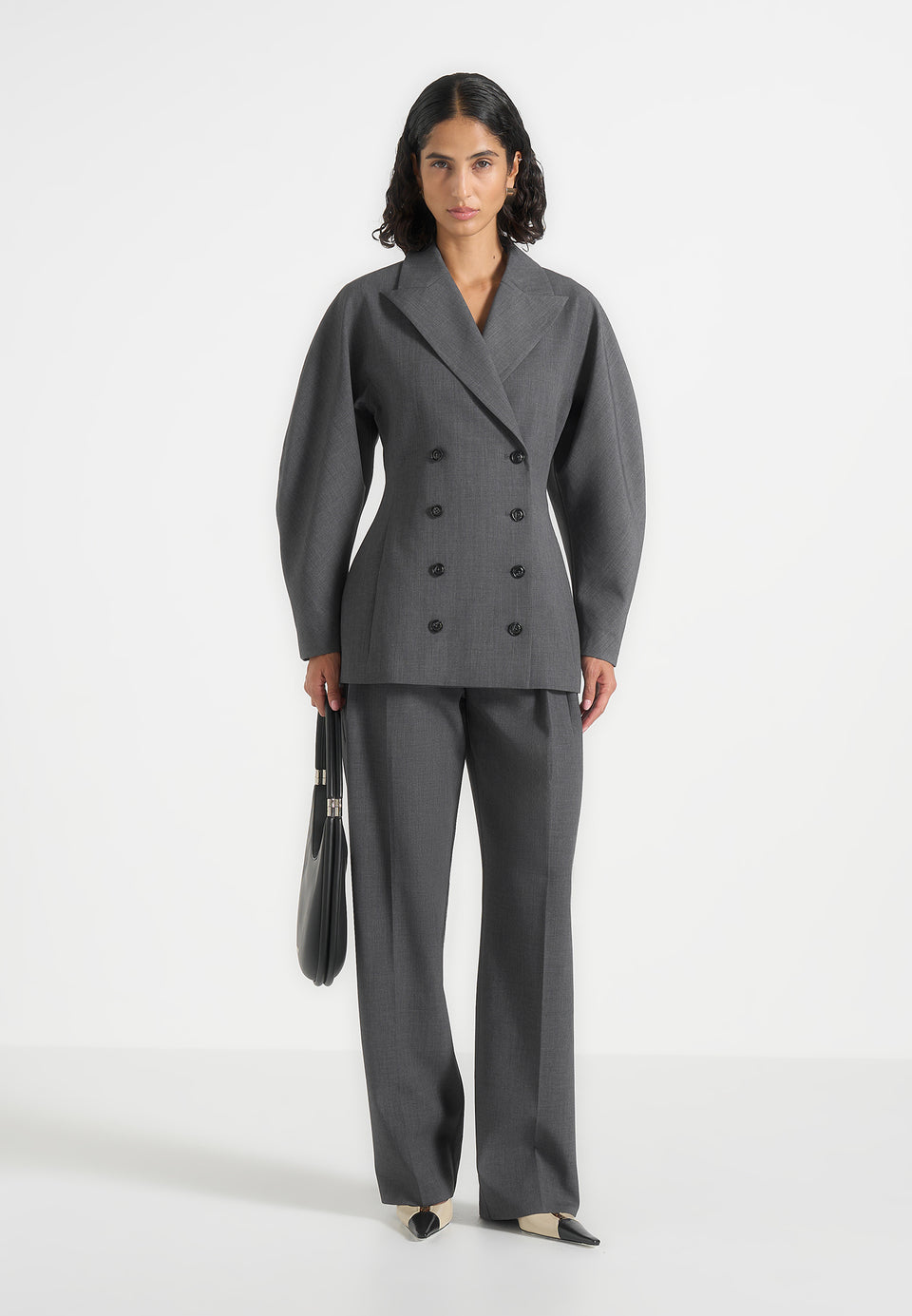 Greer - Wool-Blend Balloon Sleeve Double Breasted Blazer - Grey