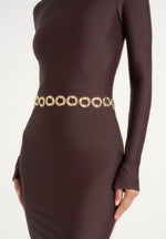 Angelica - High Neck Long Sleeve Maxi Dress With Chain Belt - Brown