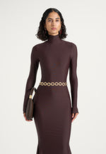 Angelica - High Neck Long Sleeve Maxi Dress With Chain Belt - Brown