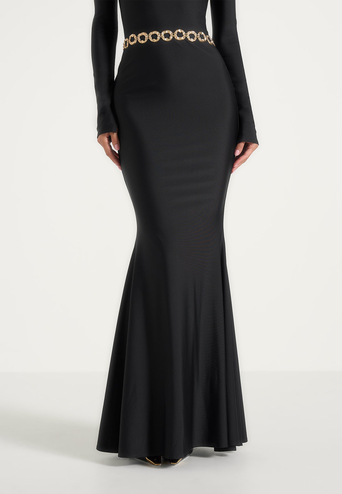 Angelica - High Neck Long Sleeve Maxi Dress With Chain Belt - Black