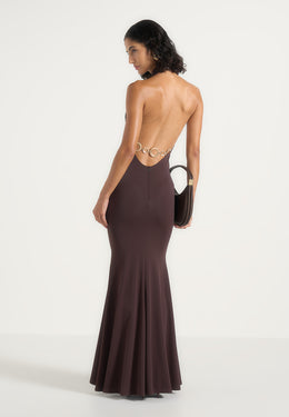 Ondine - Halter Fishtail Maxi Dress With Hardware Back Detail - Brown