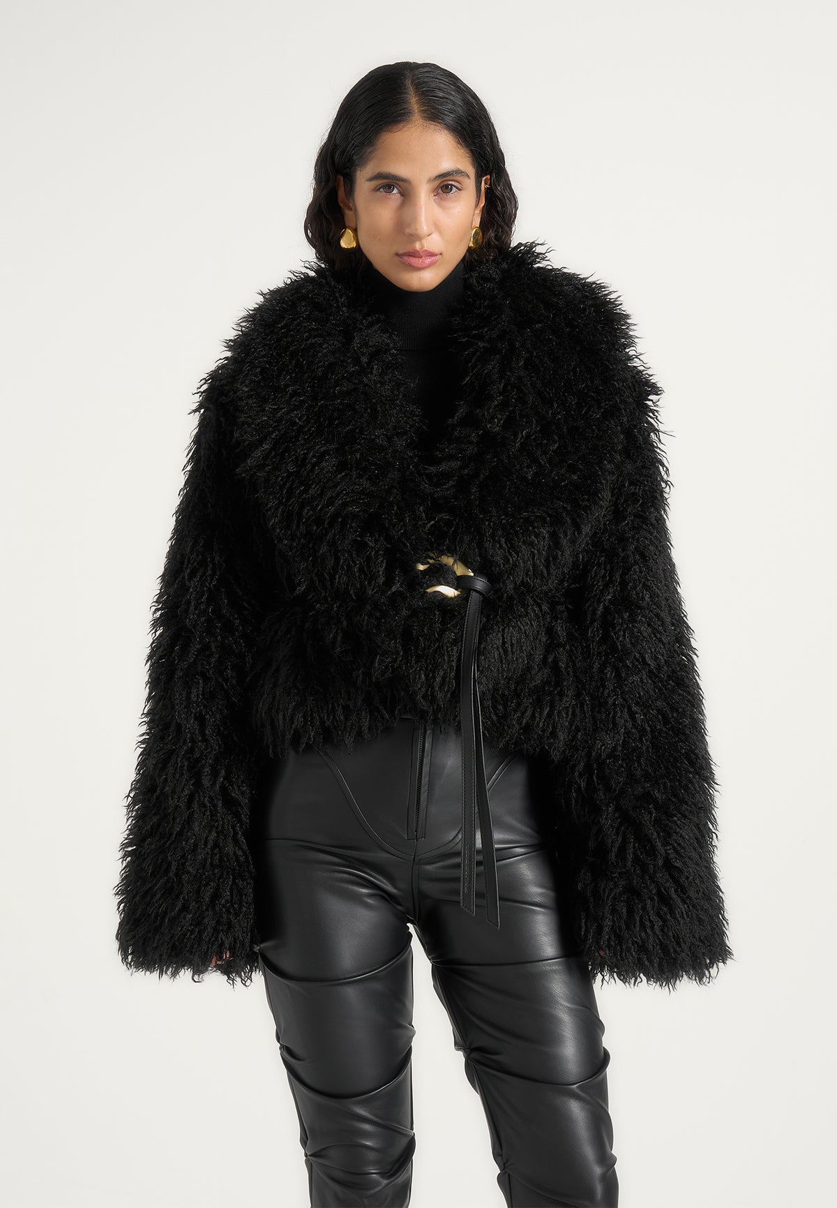 Nola - Mongolian Fur Shawl Jacket with Leather Belt - Black