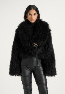 Nola - Mongolian Fur Shawl Jacket with Leather Belt - Black