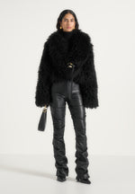 Nola - Mongolian Fur Shawl Jacket with Leather Belt - Black