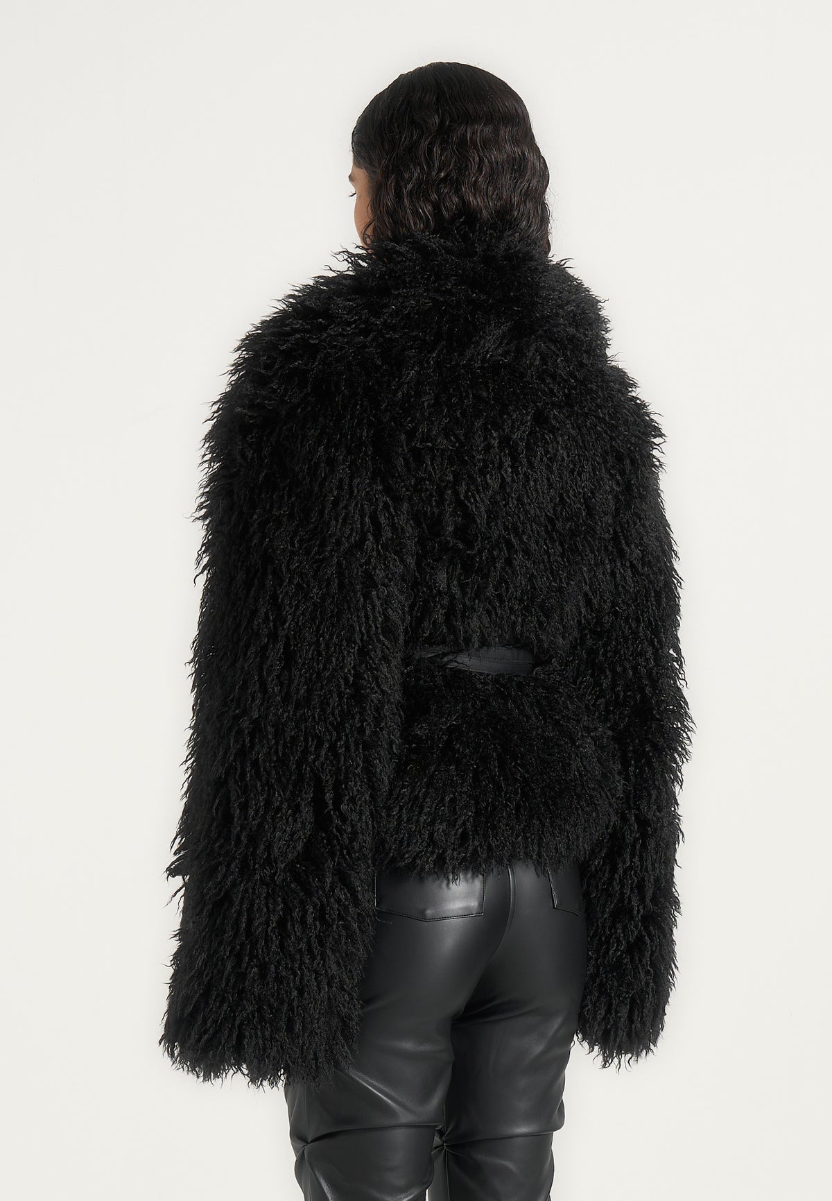 Nola - Mongolian Fur Shawl Jacket with Leather Belt - Black