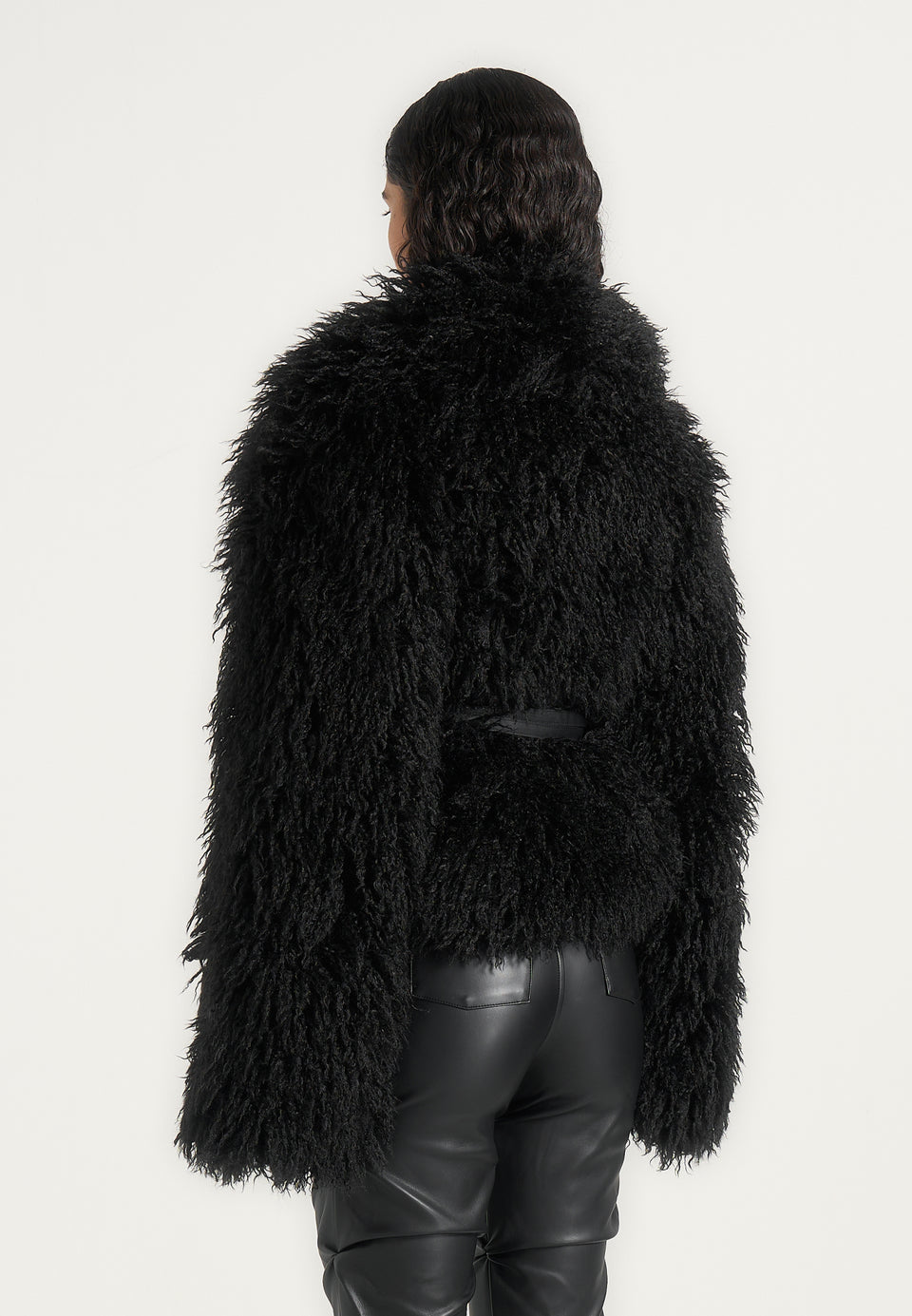 Nola - Mongolian Fur Shawl Jacket with Leather Belt - Black