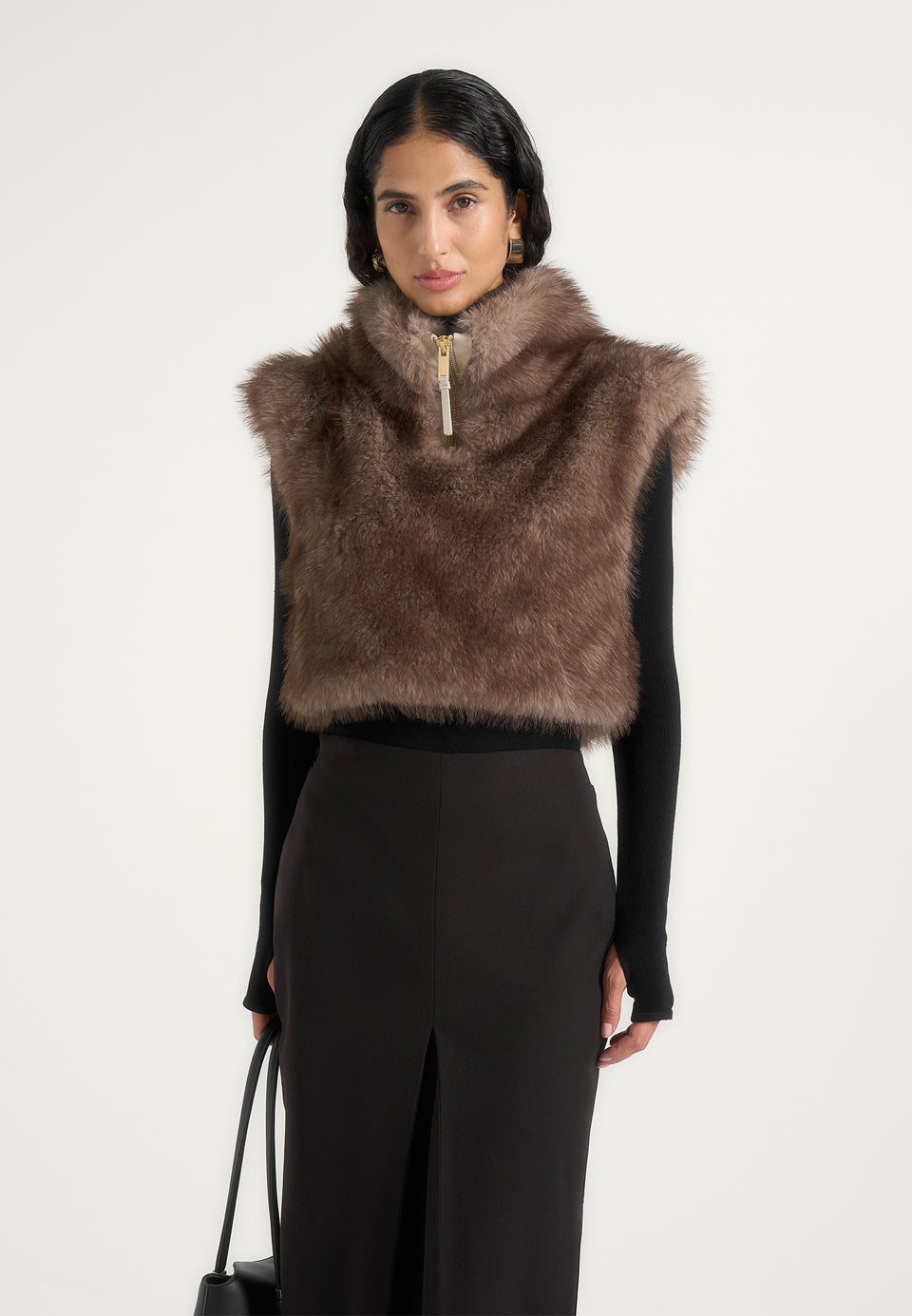 Nayla - High Neck Fur Gilet - Taupe