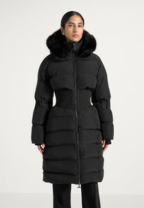 Mira - Fur Hood Corset Longline Puffer Coat - Black