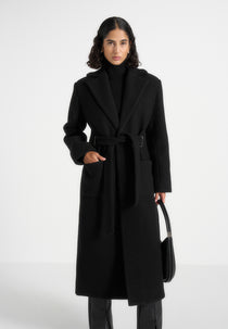 Jena - Wide Shoulder Wool Coat with Cinch Belt - Black