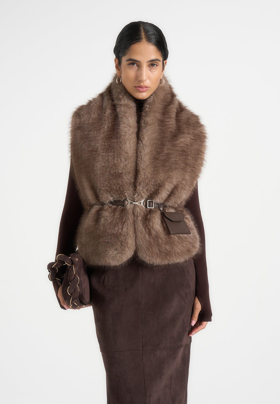 Greta - Belted Fur Wrap Jacket With Pouch - Taupe
