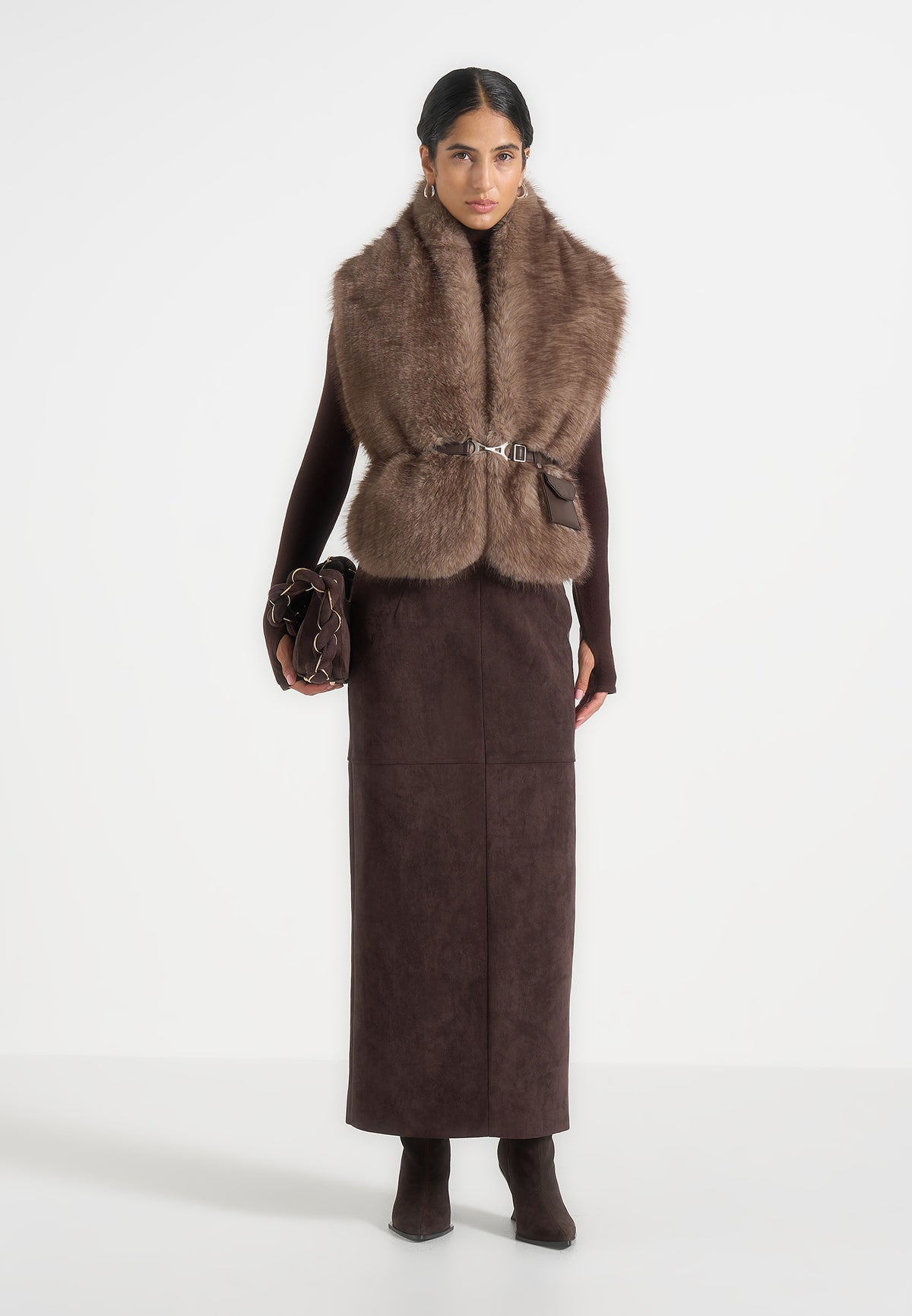 Greta - Belted Fur Wrap Jacket With Pouch - Taupe