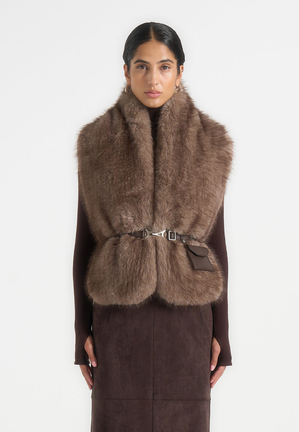 Greta - Belted Fur Wrap Jacket With Pouch - Taupe