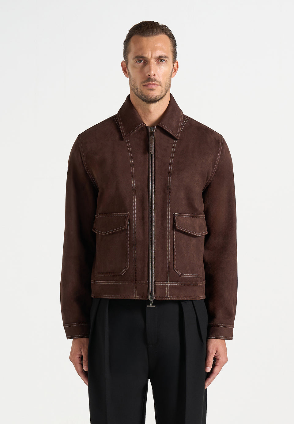 Vince - Suede Contrast Stitch Jacket - Brown