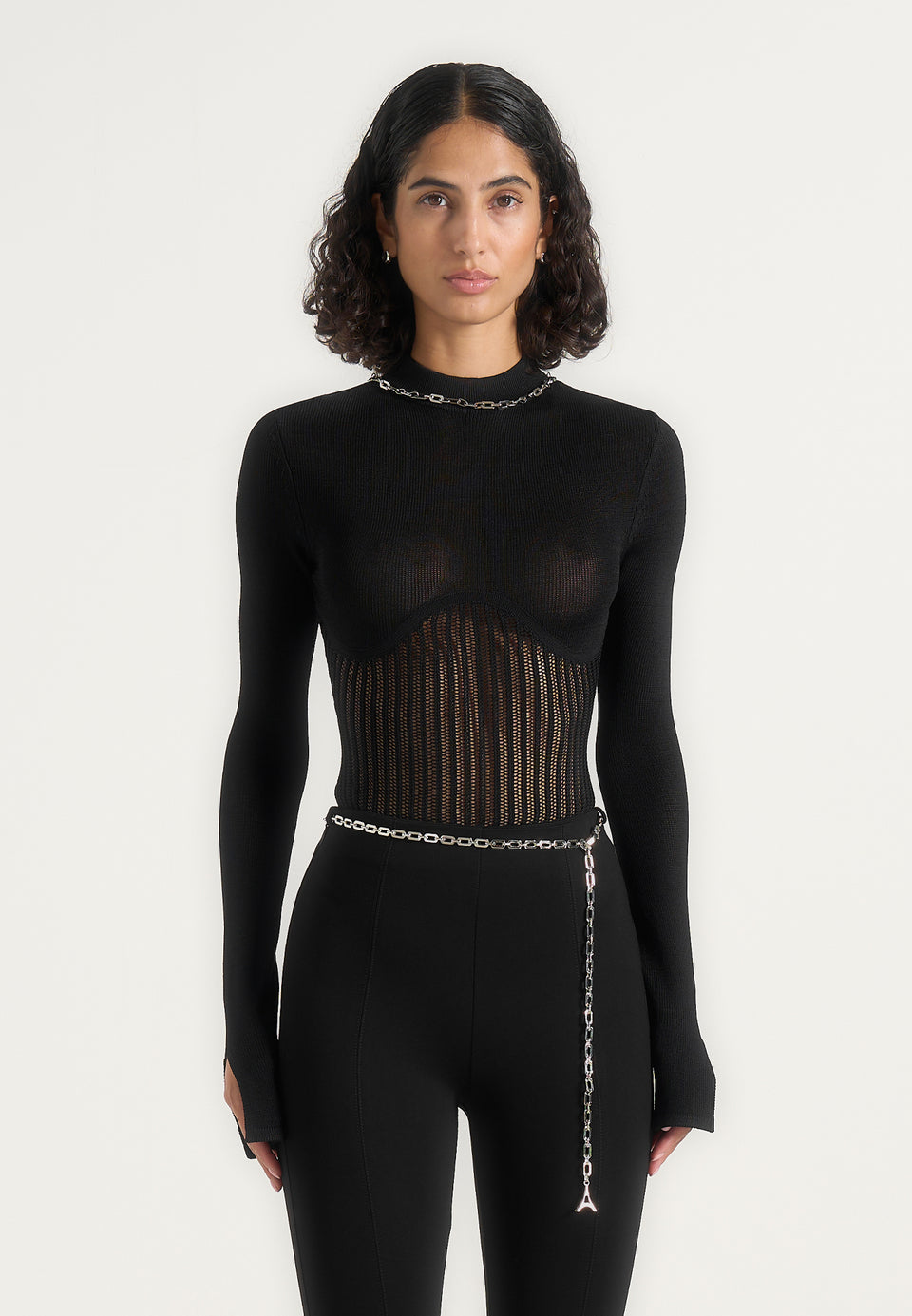 Isabeau - Contour Knit Bodysuit with Chain - Black