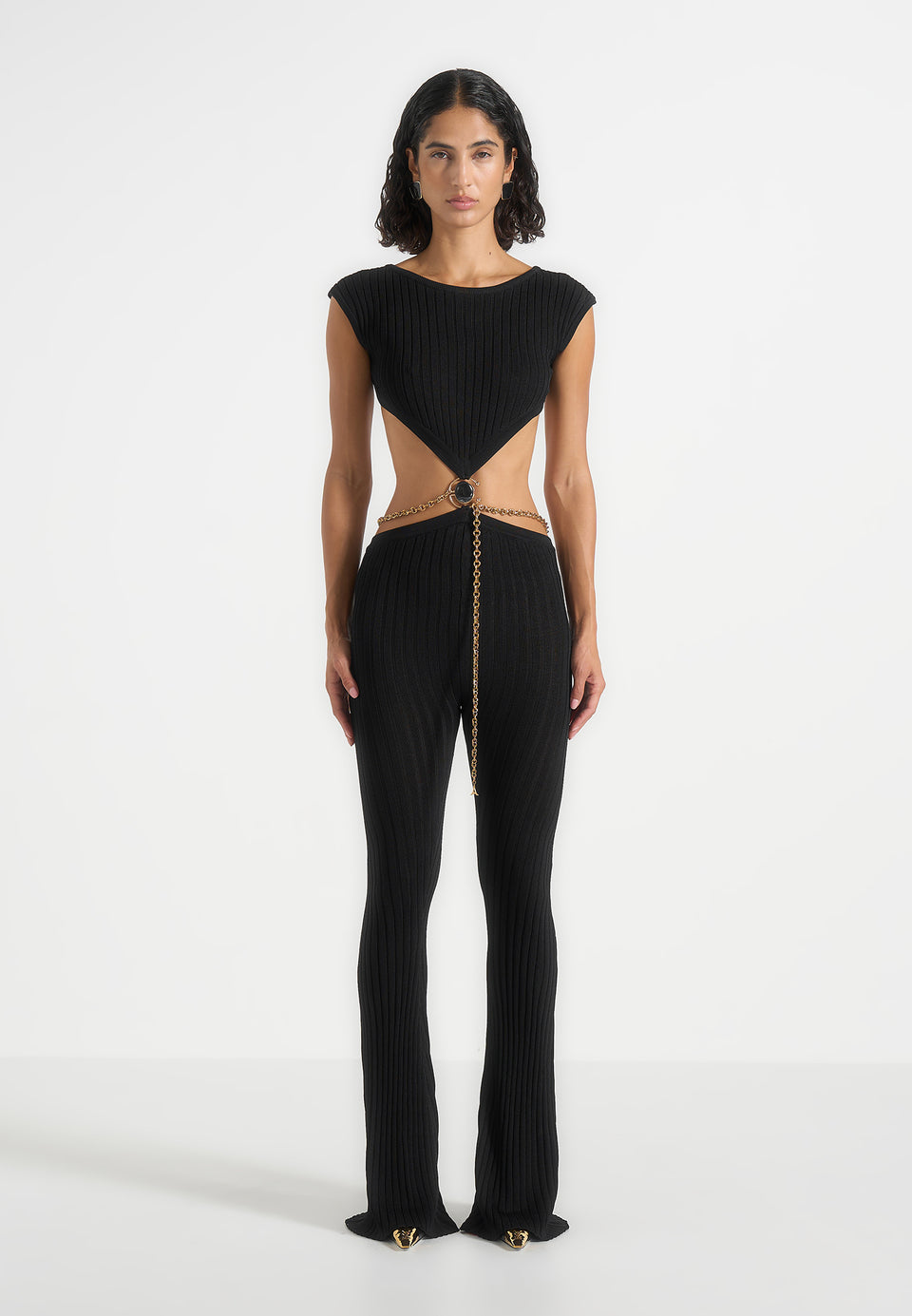 Beatrix - Backless Rib Knit Jumpsuit With Hardware Chain Belt - Black