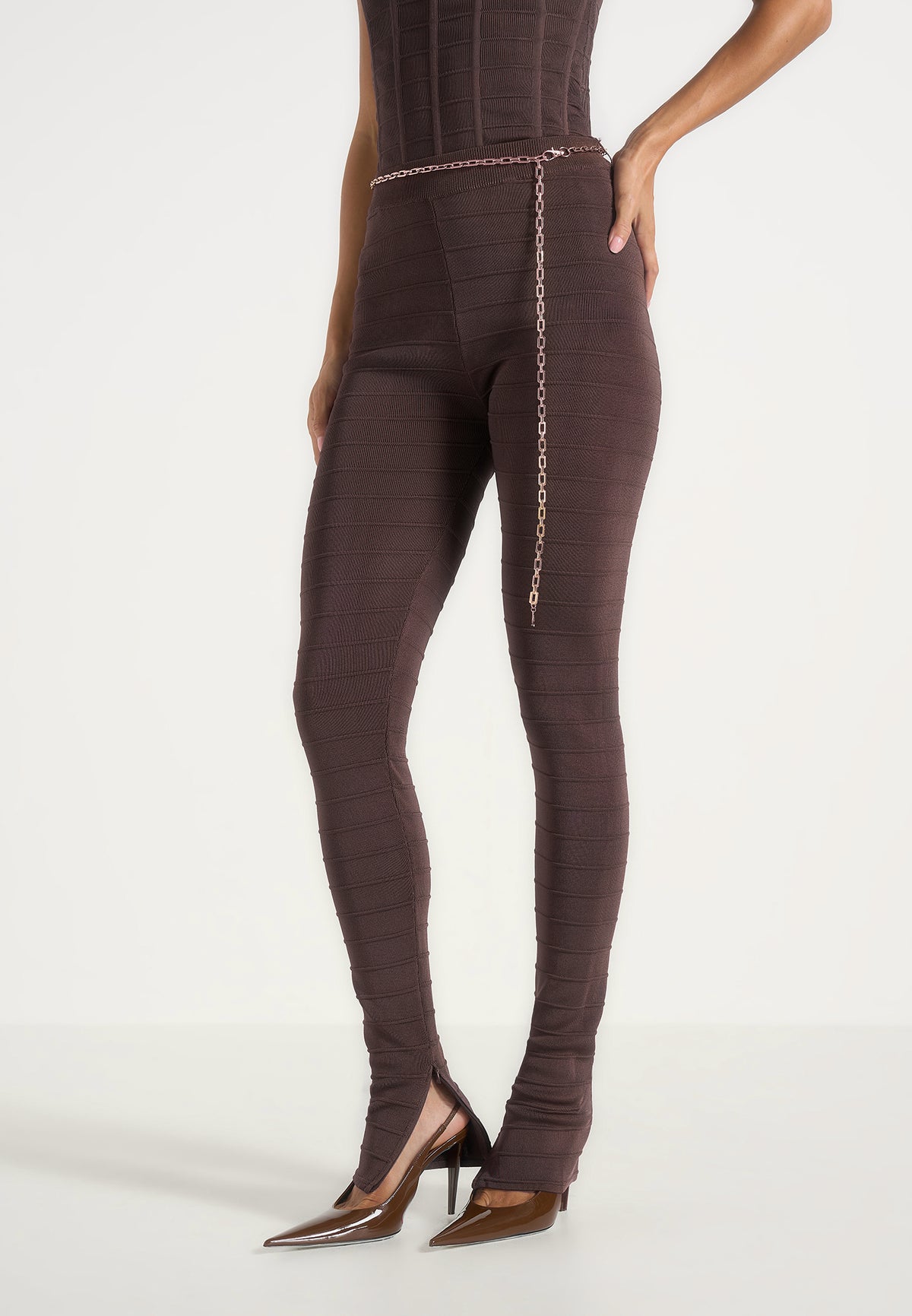 Leigh - Ottoman Bandage Knit Split Hem Leggings - Brown