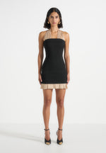 Fiore - Halterneck Mini Dress With Long Sash - Black / Champagne