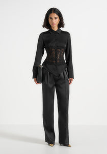 Ethel - Satin Shirt With Lace Corset Panel - Black