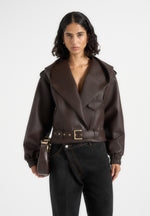 Tamsin - Hooded Cropped Leather Jacket With Belt - Brown