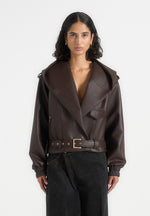 Tamsin - Hooded Cropped Leather Jacket With Belt - Brown