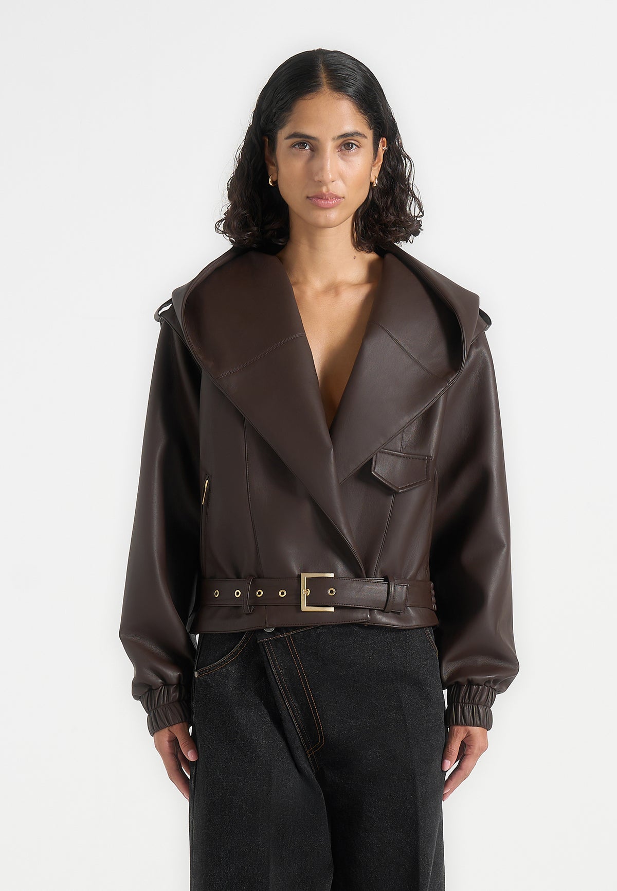 Tamsin - Hooded Cropped Leather Jacket With Belt - Brown