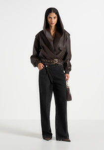 Tamsin - Hooded Cropped Leather Jacket With Belt - Brown