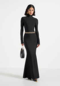 Angelica - High Neck Long Sleeve Maxi Dress With Chain Belt - Black