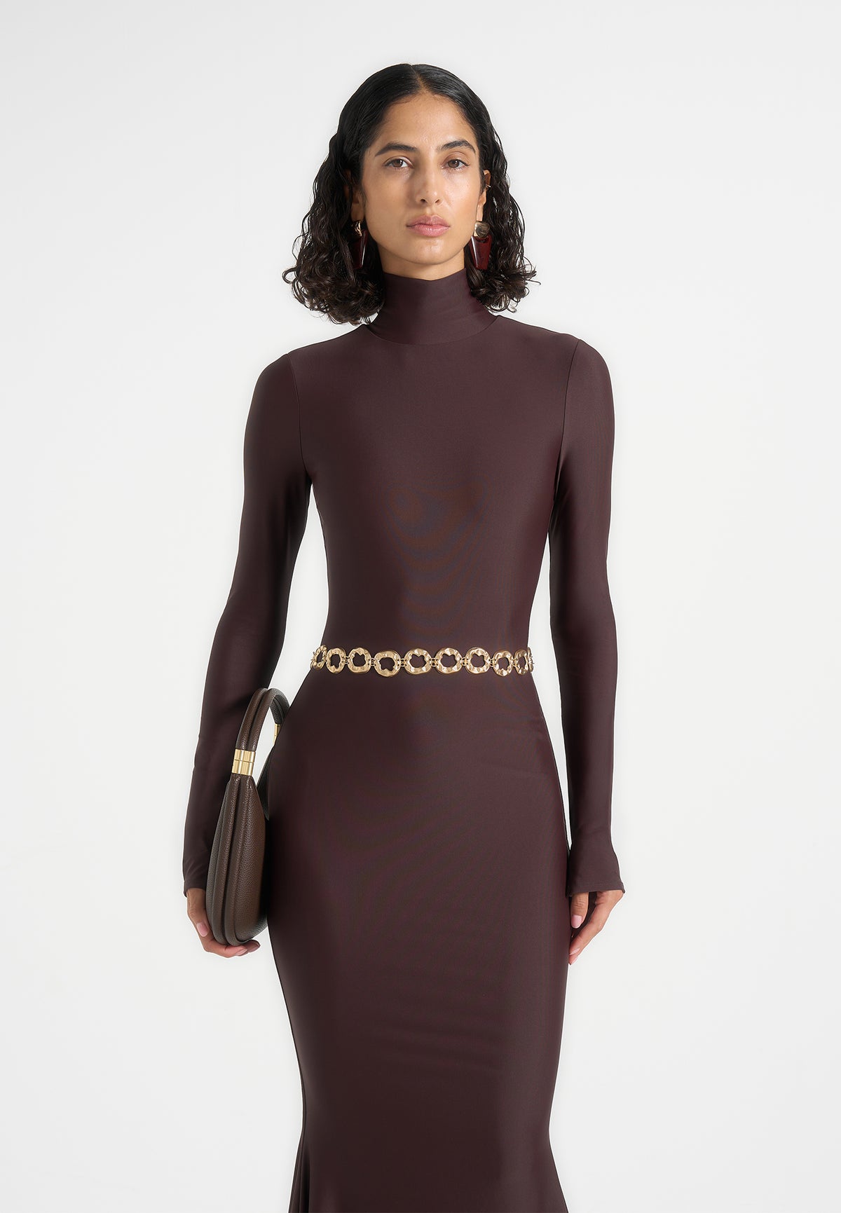 Angelica - High Neck Long Sleeve Maxi Dress With Chain Belt - Brown