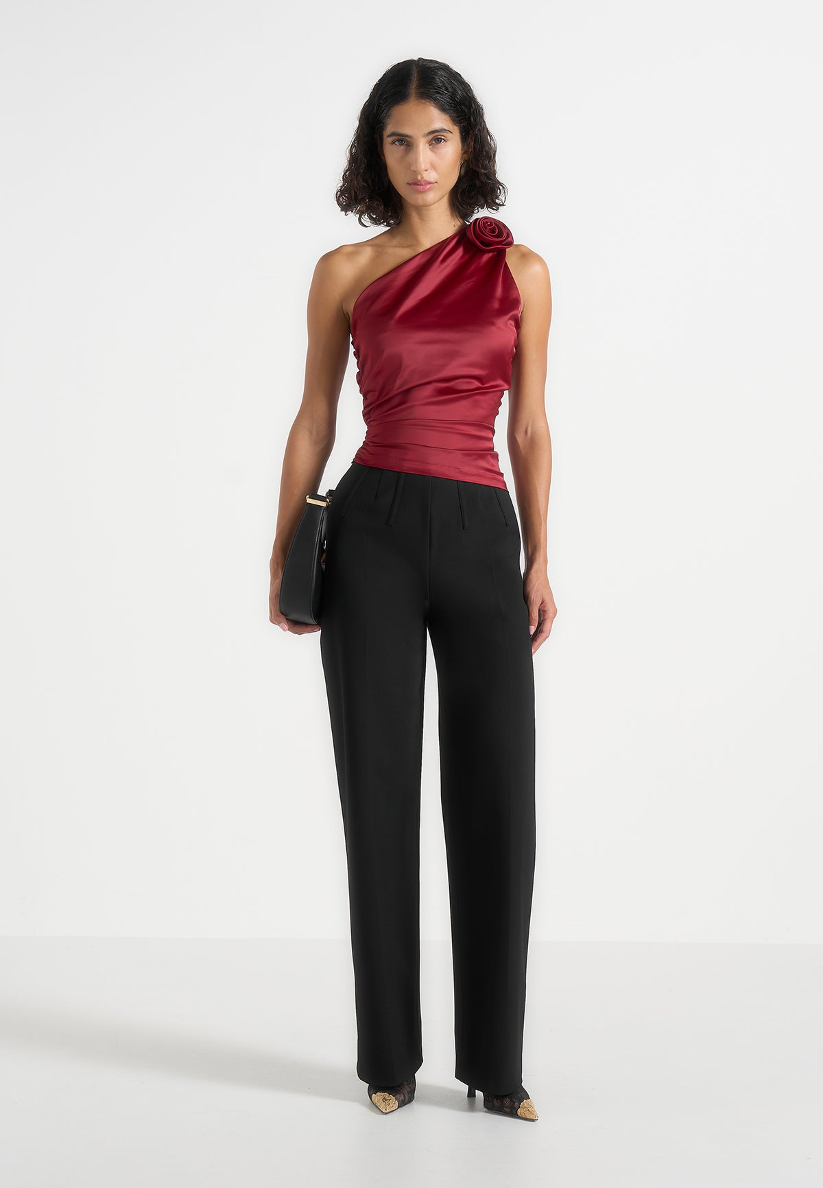 Heidi - One Shoulder Satin Rosette Top - Red