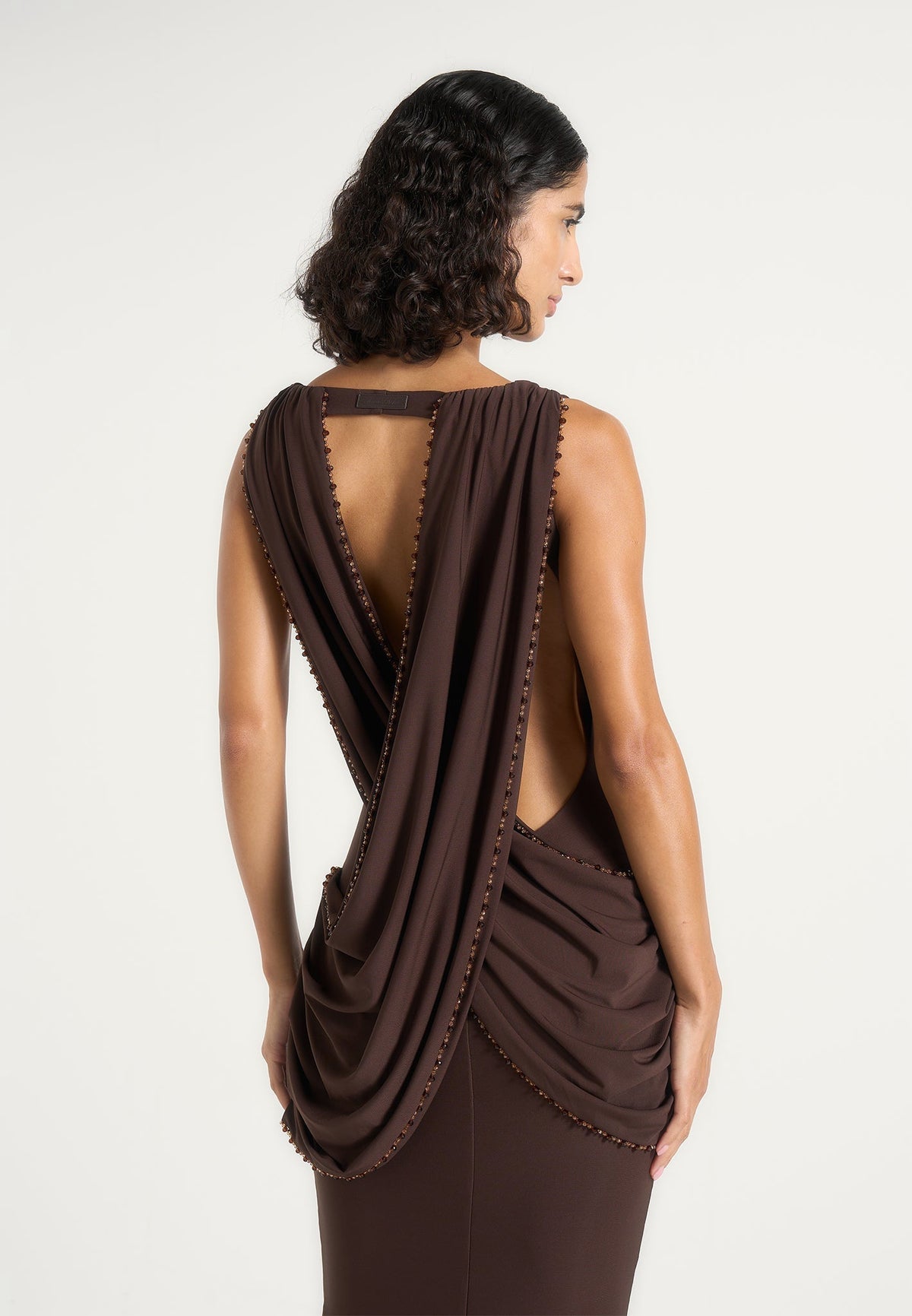 Livia - Chain Drape Open Back Maxi Dress - Brown