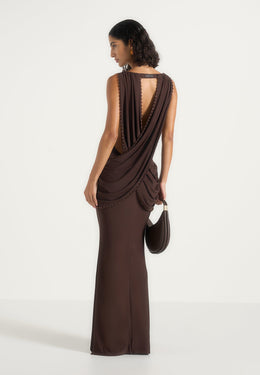 Livia - Chain Drape Open Back Maxi Dress - Brown