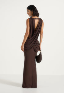 Livia - Chain Drape Open Back Maxi Dress - Brown