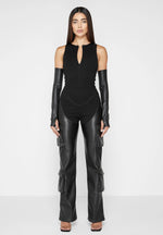 bandage-and-vegan-leather-racer-neck-cargo-pocket-jumpsuit-black