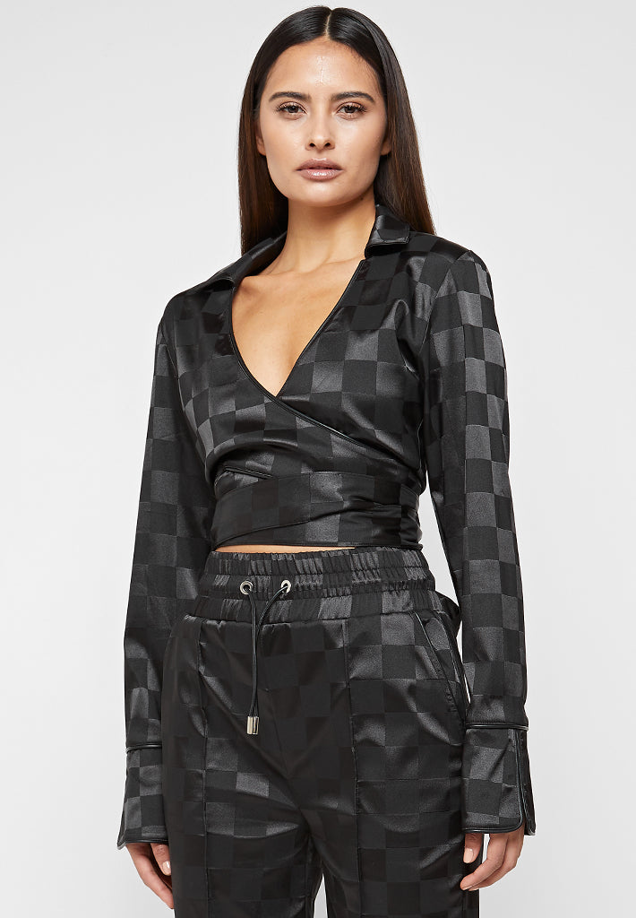 checkered-satin-wrap-top-black
