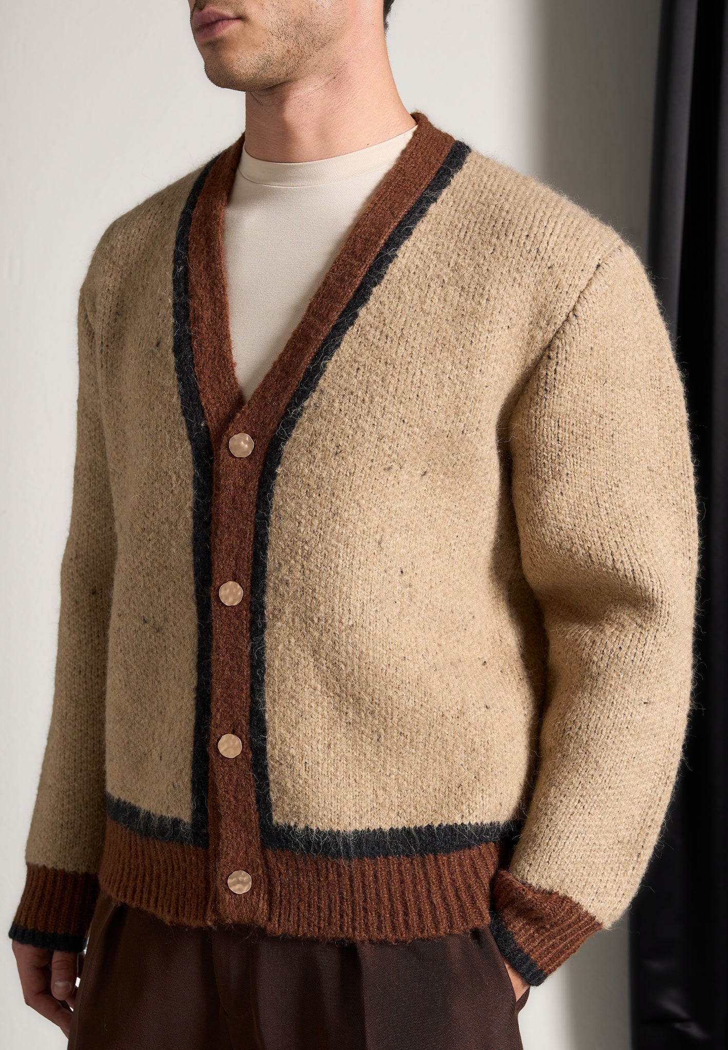 Contrast Knit Cardigan - Beige