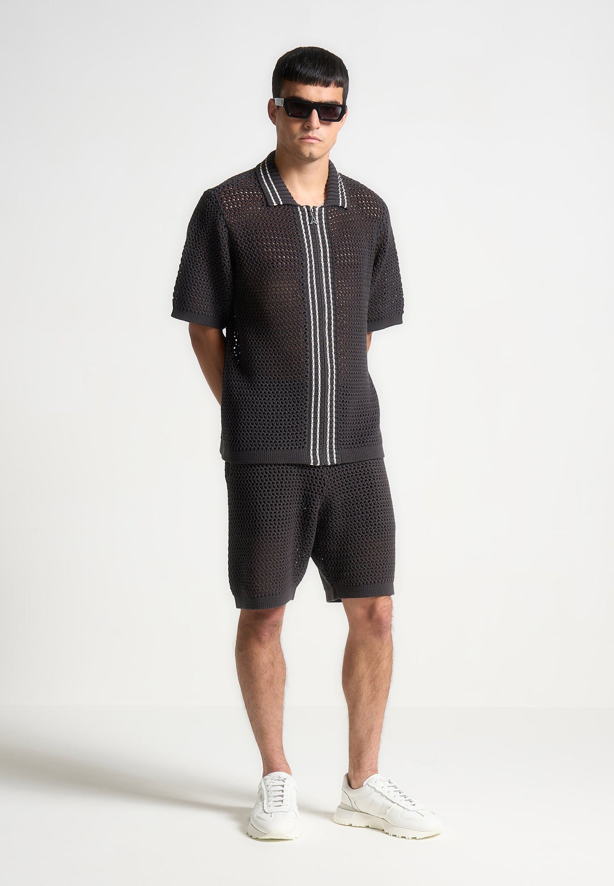 Crochet Knit Stripe Shorts - Charcoal Grey