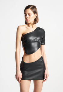Curved Hem Leather Crop Top - Black
