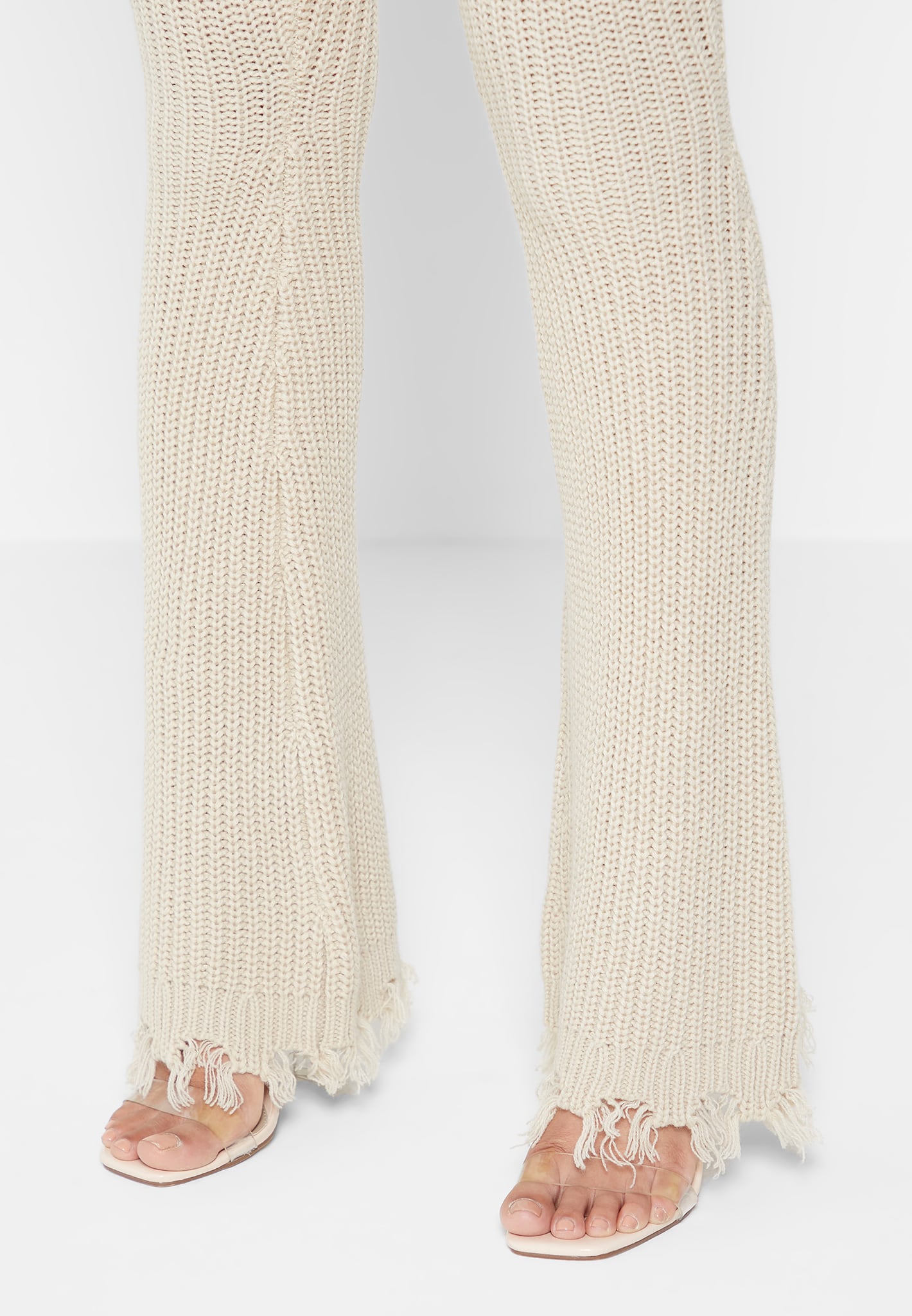 Rib-knit flared trousers - Beige - Ladies