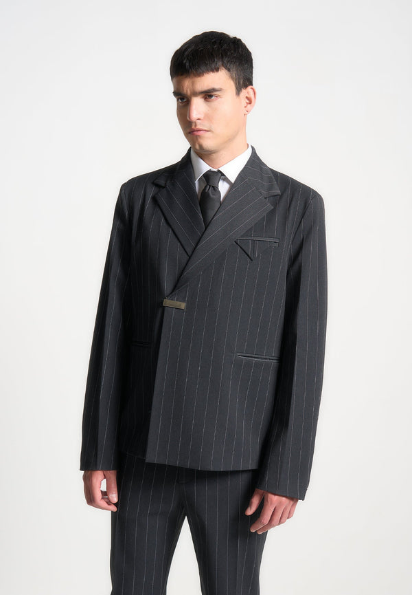Gaston - Double Breasted Pinstripe Suit Jacket - Grey